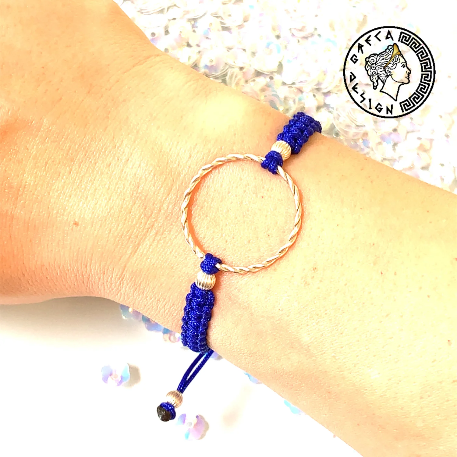 Greca Design Armband Silberring – Blau
