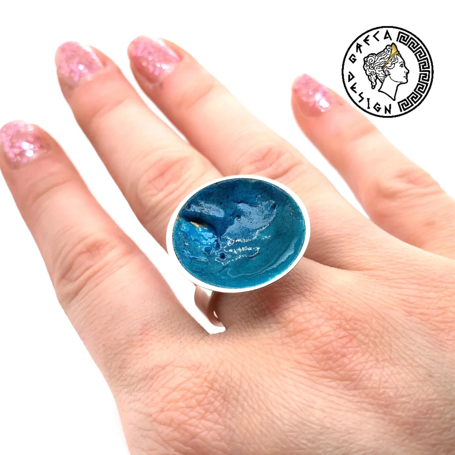 Greca Design Ring Türkis emailliert – Unikat